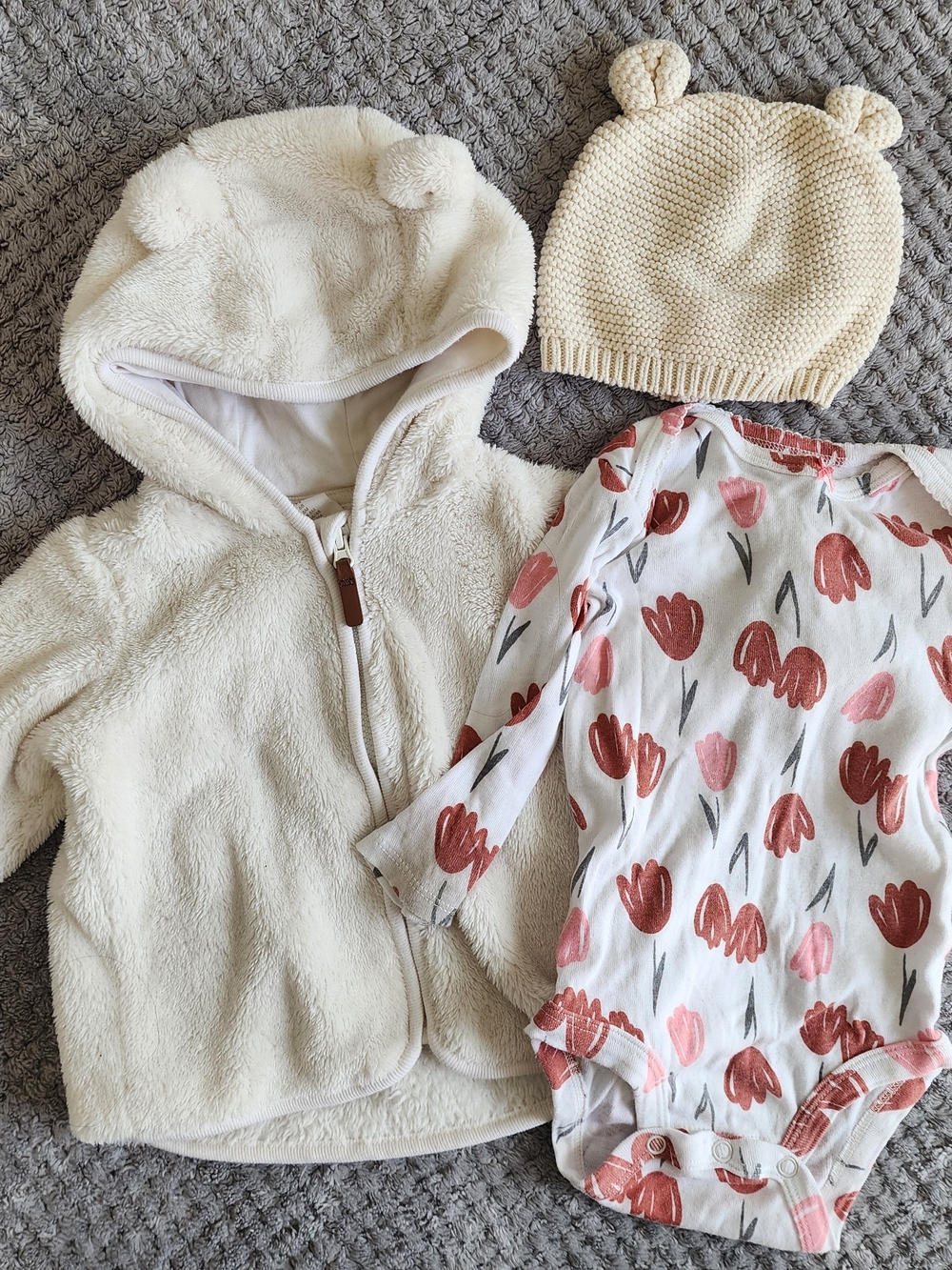 Cream Teddy Jacket + Cream Knit Bear Hat + White Floral Bodysuit